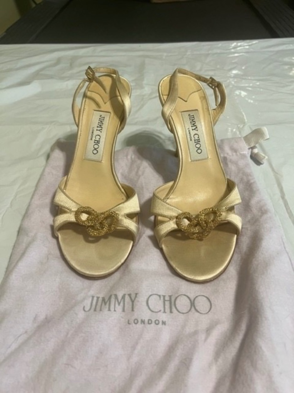 Jimmy Choo 3" Champagne Satin Strappy Sandals with Gold Chain Detail Size 37.5